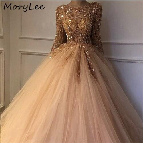 Luxury Shining Evening Dresses Three Quarter Hand Made Crystal Beading Soft Tulle Evening Dresses vestidos de fiesta de noche