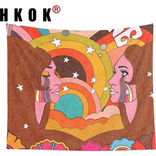 HKOK Vintage Rainbow Girl Poster Tapestry Wall Hanging Covering Rugs Background Cloth Beach Mat Blanket Art Bedroom Dorm Decor