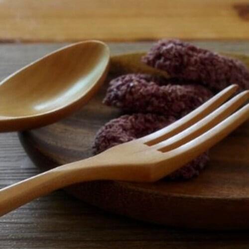 Japanese Natural Solid Color Creative Handle Wooden Spoon Fork Picnic Travel Portable Cutlery