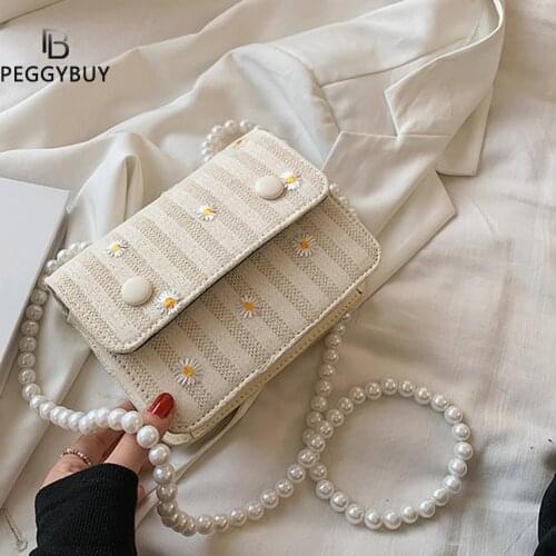 Women Daisy Flowers Messenger Bag Woven PU Fashion Ladies Pearl Vintage Mini Flap Purse Ladies Luxurious Messenger Bag