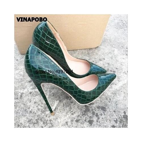 Vinapobo 2018 Brand green Snake Printing leather Pumps Shoes Women Sexy Thin High Heels Wedding Shoes Woman Large Size 35-43