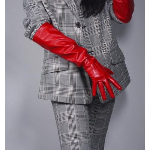Womens fashion sexy wide sleeve faux pu leather glove ladys club performance formal party leather long red glove 50cm R1965