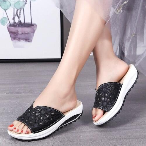 AIBA womens fashion casual Genuine Leathe hollow embroidered out high heels thick platforms summer lightweight casual slipper