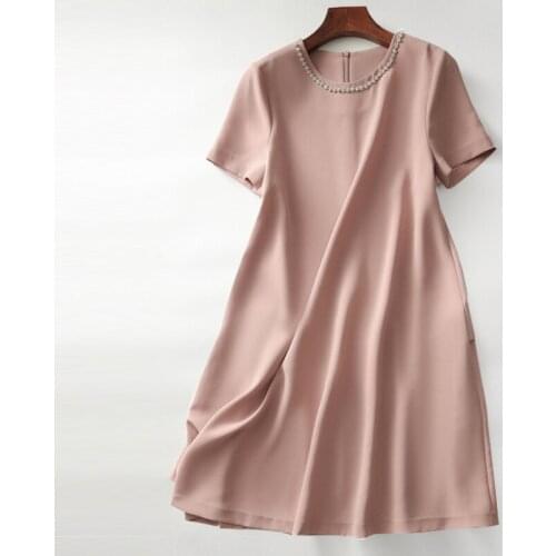 Pink Vintage Short Sleeve Women Dress Elegant A-Line Knee-Length Satin Dresses O Neck Diamonds Summer 2021 Vestido