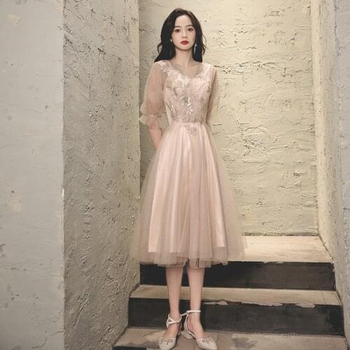 Sequins V-Neck Appliques Evening Dress Elegant Half Sleeves A-Line Zipper Back Empire Tea-Length Woman Formal Party Gowns A1445