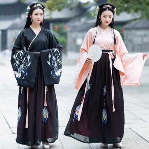 Dress female Wei Jin style peacock feather wide sleeve heavy work embroidery Chinese style student womens Han suit