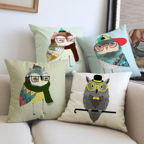 Winter Home Decorative Cushions for Sofa Glasses Scarf Night Owl Cushion Cover Cotton Linen Throw Pillow Case Animal Birds Print