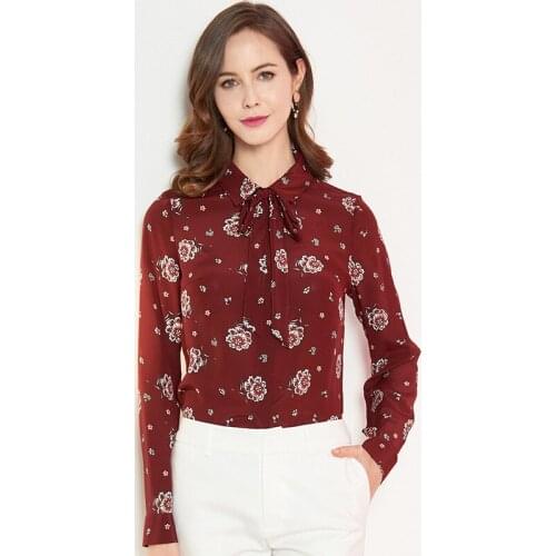100%real silk boulses for women high quality 2020 summer red bowtie floral office shirts long sleeve casual sexy boho plus size