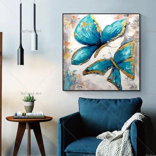100% Hand-Painted Modern Animal Oil Painting Two Butterflies Suitable for Family Room Wall Decoration