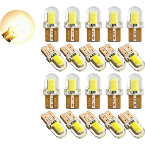 20Pcs Yellow T10 168 194 W5W COB 4 Chips Silicone LED Car Bulbs For Clearance Lamps License Plate Lights 12V