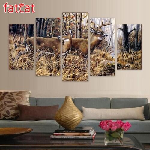FATCAT 5 Pieces Pictures Forest Animal Deer Landscape Diamond Painting Full Diamond Embroidery Diy Needlework Home Decor AE981