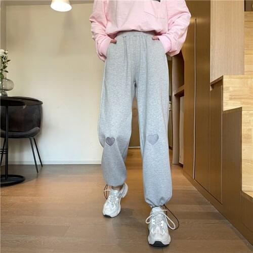 Womens Sports Pants Elastic Waist Heart-print Cotton Loose Trouser Suits for Women Plus Size Joggers Women Casual Wide Leg
