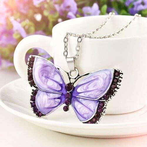 New Women Lady Metal Butterfly Crystal Rhinestones Shape Pendant Chain Necklace Sweater Jewelry Gift