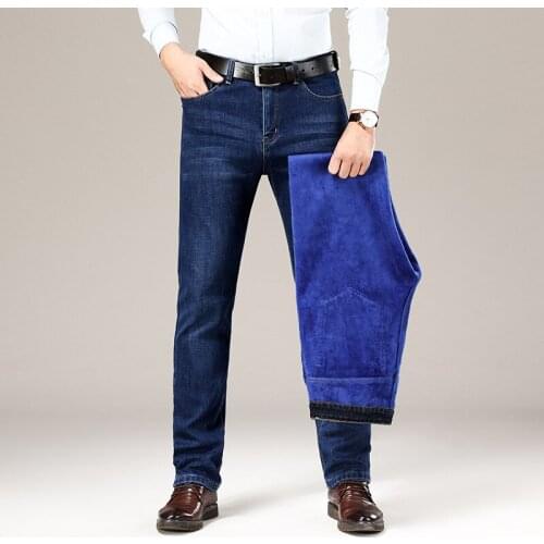 Male Brand Pants Plus Size 40 42 44 46 Mens Winter Warm Jeans Business Casual Blue Black Straight Loose Denim Trousers