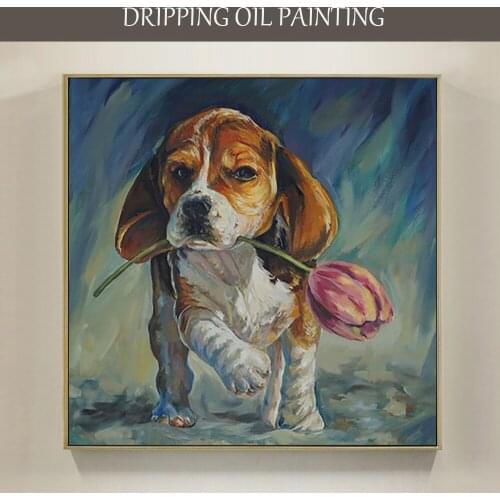 Artist Hand-painted Cute Colored Dog With Tulip Oil Painting on Canvas Modern Wall Art Animal Picture Funny Dog Oil Painting
