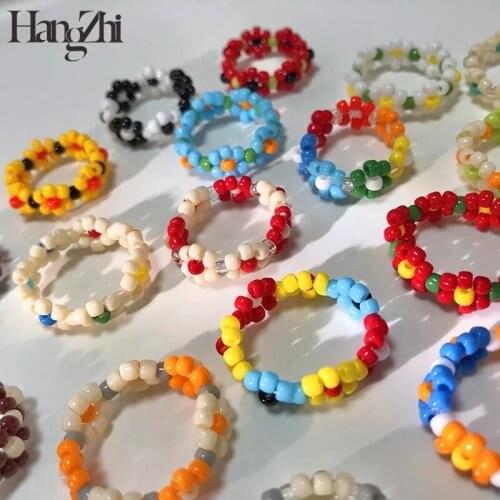 HangZhi 2021 New Lovely Colorful Daisy Flowers Woven Beaded Ring Sweet Y2K Stacking Rings for Women Girls Trendy Party Jewelry