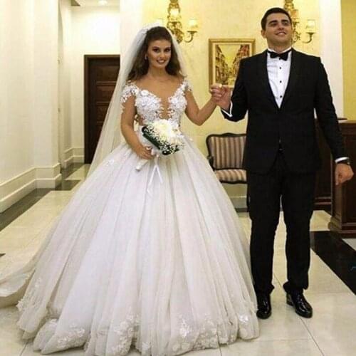 Long Sleeve Lace Ball Gown Tulle Floor Length Wedding Party Dresses