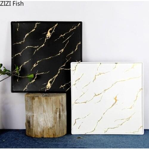 Square Flat Plate Imitation Marble Ceramic Dinner Plate Western-style Steak Cake Plate Hotel Service Tray Home Kitchen Tableware