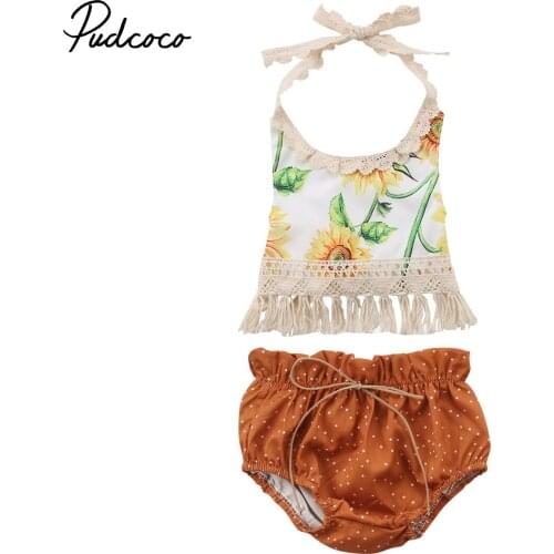 2018 Brand New Newborn Infant Baby Girls Summer Causal 2PCS Sleeveless Belt Lace Sunfolwer Tassel Vest Tops Bow Shorts 0-24M