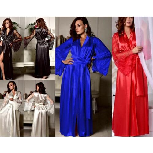 New Lingerie Sleepwear Satin Lace Sexy Women Sissy Long Sleeve Loose Bathrobe Kimono Babydoll Nightwear Robe Deep V Bathrobe