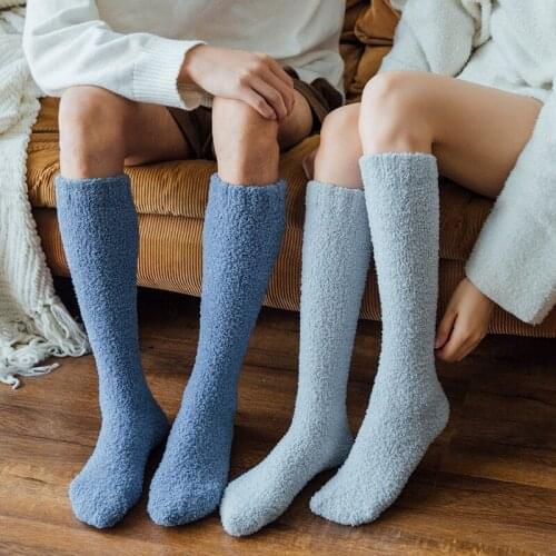 Solid Coral Fleece Long Socks Unisex Thick Warm Stockings Women Men High Knee Socks Leg Winter Floor Calcetines