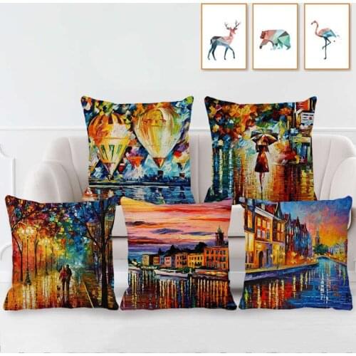 Landscape Series Cushion Cover European and American City Natural Scenery Painted Linen Pillowcase Pillow Covers Decor Home