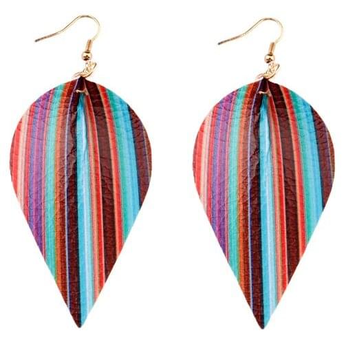 ZWPON Fashion Rainbow Stripe Print Leaf Leather Earrings 2020 Fashion Statement Earrings Wholesale