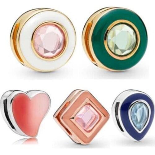 925 Sterling Silver Reflexions Blue Droplet Green & White Circle Pink Square Clip Pandora Charm Fit Bracelet Diy Jewelry