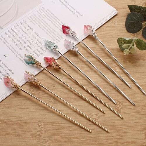 Vintage Chinese Style Hanfu Crystal clear Hair Stick Women Metal Glaze Hair Fork Hair Chopsticks Hairpin Woman Jewelry Hair Clip
