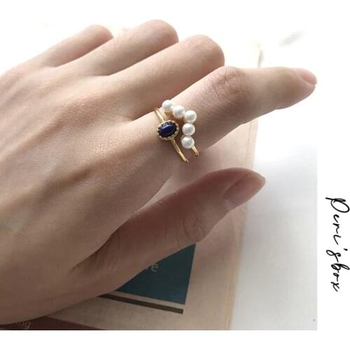 PerisBox Real 925 Sterling Sliver Double Stacking Rings for Women Pearls Lapis Lazuli Engagement Rings Adjustable Open Rings