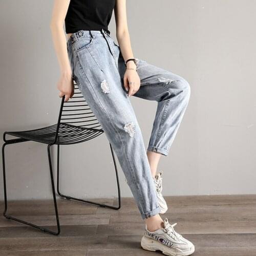 5XL Large Size Jeans Women 2021 Spring Summer Casual Vintage Elastic High Waist Washed Holes Loose Ladies Harem Pants Pantalon