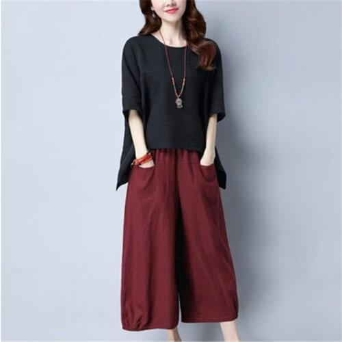 2021 Summer Casual Women 2 Pieces Sets New Loose Solid Short Sleeve Top and Wide Leg Pant Suit Female Cotton and Linen Sets L529