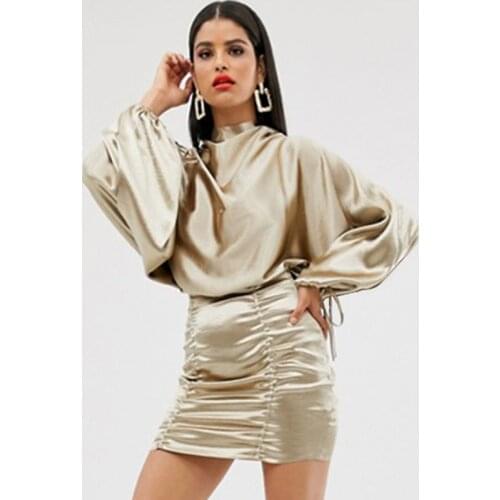 2020 Autumn Fashion Women Turtleneck Dress Open Back Long Batwing Long Sleeves Ruched Gathering Party Clubwear Casual Mini Dress