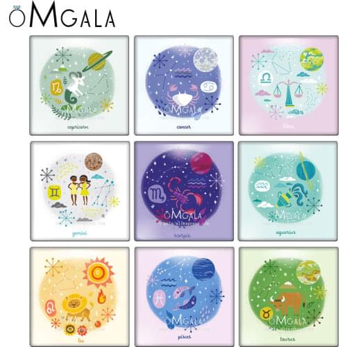 Cartoon design twelve constellation patterns 10pcs 12mm/20mm/25mm/30mm photo glass cabochon demo flat back Making findings