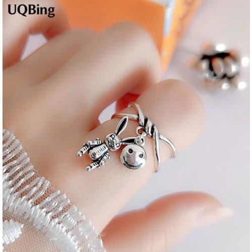 2020 Fashion Vintage Rabbit Smiley Charms Finger Rings 925 Sterling Silver Jewelry Gifts