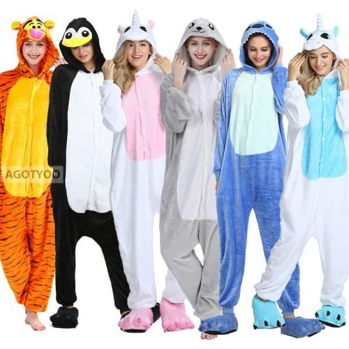 Unicorn Jumping Tiger Penguin Pajamas Sets 2020 Women Men Flannel Animal Stitch Pajamas Lady Winter Pyjamas Sleepwear Homewear