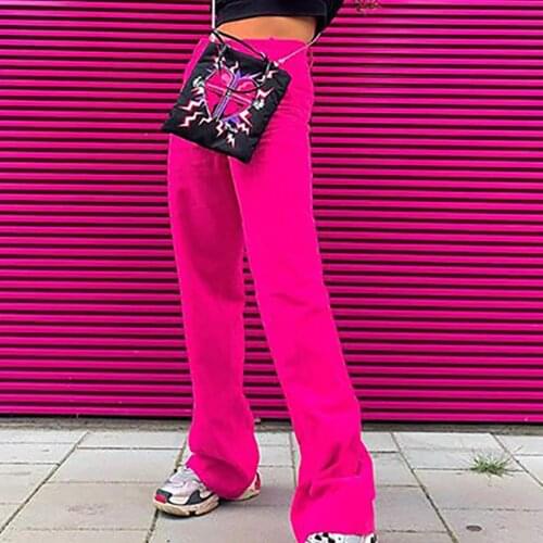 OMSJ 2021 New High Waist Fashion Streetwear Womens Solid Full Length Trousers Sweat Pants Elastic Waist Neon Pink Flare Bottoms