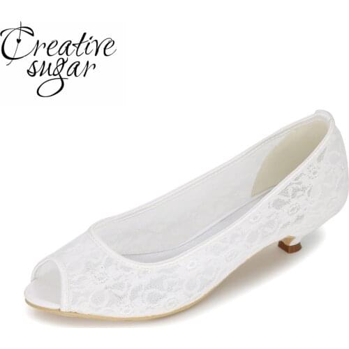 Creativesugar see through lace open peep toe woman low heel pumps lady wedding party shoes pink white ivory blue black tangerine