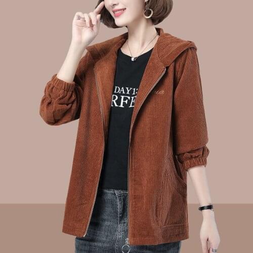 Corduroy Jacket Autumn Winter Women New Loose Hooded Jacket Ladies Mother Casual Plus Velvet Warm Corduroy Plus Size CoatR744