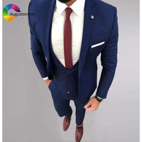 High Street Navy Blue Men Suits Groom Wedding Suit Groomsmen Tuxedos Peaked Lapel Costumes Homme 3Piece Jacket Pants Vest Ternos