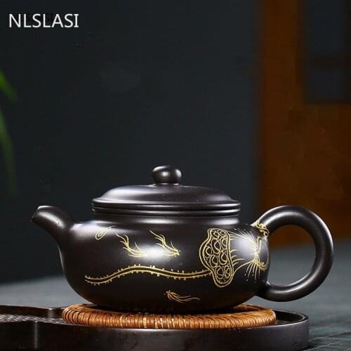 Yixing Boutique tea pot outline in gold Purple Clay Teapots beauty kettle Raw ore Black mud Handmade Tea set Authentic 180ml