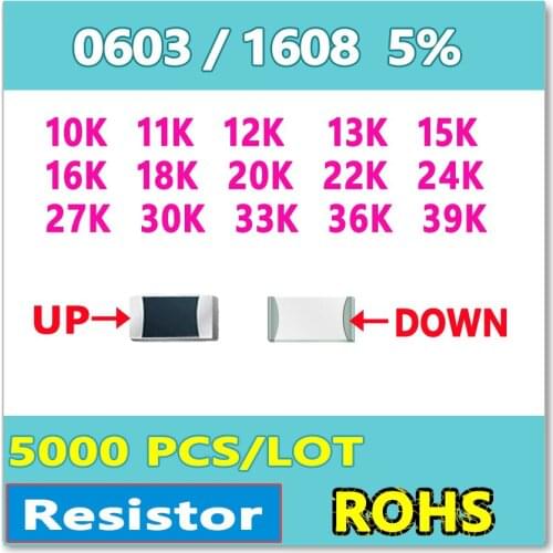 JASNPROSMA 0603 J 5% 5000pcs 10K 11K 12K 13K 15K 16K 18K 20K 22K 24K 27K 30K 33K 36K 39Ksmd 1608 OHM Resistor