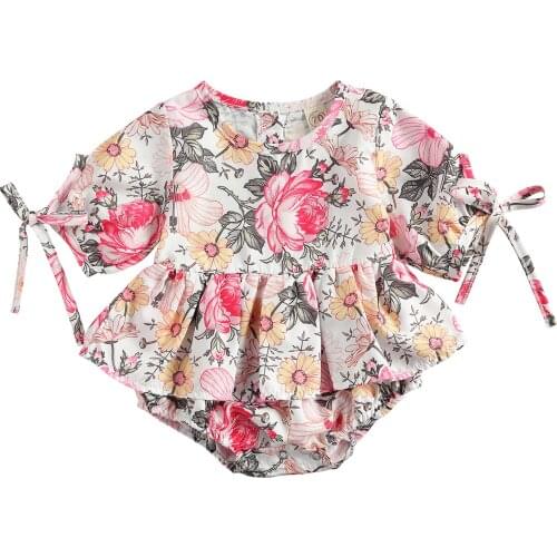 FOCUSNORM 0-24M Lovely Baby Girls Bodysuits Flowers Print Bow Short Sleeve Jumpsuits