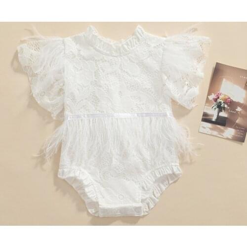 0-24M Princess Infant Baby Girls Boys Jumpsuits Feather Lace Flowers Printed Ruffles Sleeve Rompers