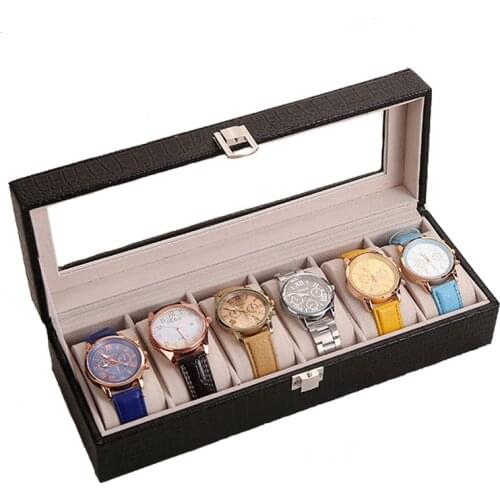 High Quality Watch Box Large 6 Grids Mens Black PU Leather Display Jewelry Case Organizer Box Storage Case with Lock Jewelry Box