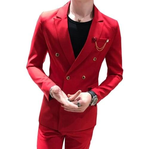 Handsome Double-Breasted Groomsmen Peak Lapel Groom Tuxedos Wedding Dress Men Suits Blazer Prom Dinner (Jacket+Pants+Tie) K380