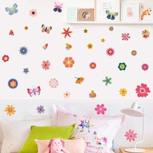 Colorful Flowers Butterfly Childrens Room Wallpaper Porch Wall Beautification Decorative Wall Stickers Self-Adhesive