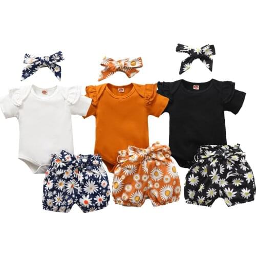 Summer High quality Toddler Infant Baby Girl Cotton Casual Outfits Set Solid Bodysuit+Daisy Printed Shorts+Headband Baby Clothes