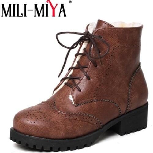 MILI-MIYA New Arrival Women Ankle Boots Work&Safety Square Heel Warm Fur Lace-Up Pointed Toe Pu Leather Shoes Handmade For Ladie