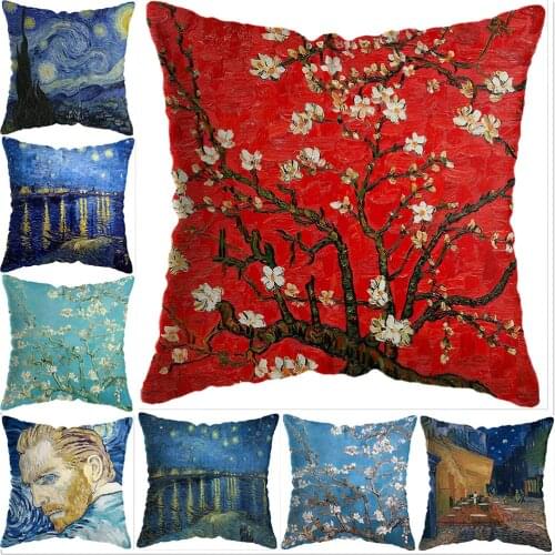 Van Gogh Oil Painting Cushion Cover Sofa Home Decorative Pillow Case Sunflower Self-portrait Starry Sky Print Pillowcase 45x45cm
